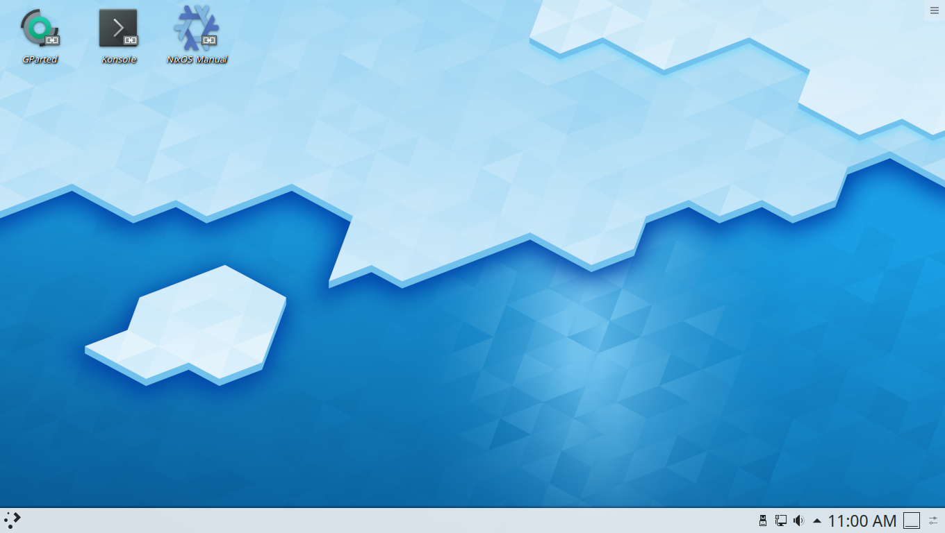 Screen shot of the NixOS installation live image with three icons on the desktop: GParted, Konsole, NixOS Manual.